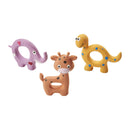 Three animal-shaped teething toys on a white background