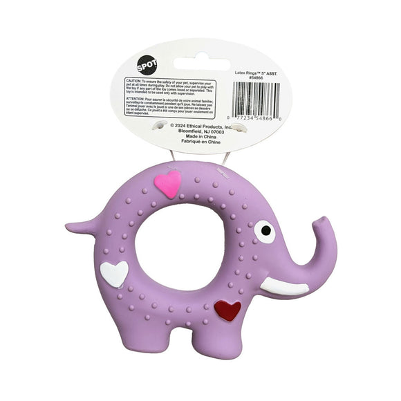 Purple elephant-shaped toy with heart designs on a white background