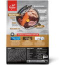 Orijen pet food package with ingredients and benefits listed on a white background