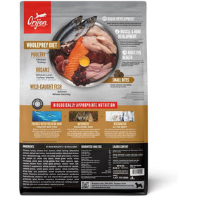 Orijen pet food package with ingredients and benefits listed on a white background