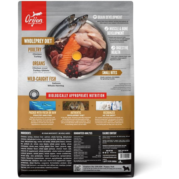 Orijen pet food package with ingredients and benefits listed on a white background