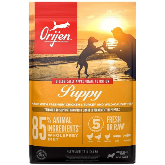 Orijen Puppy dog food package with sunset beach scene and silhouette of a person and dog.