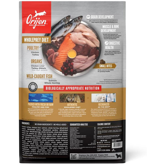 Orijen dog food package with ingredients and benefits listed