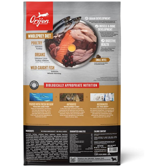Orijen dog food package with ingredients and nutritional information on a white background