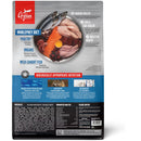 Orijen pet food package with ingredients and health benefits listed