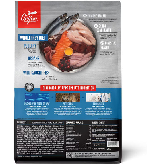 Orijen pet food package with ingredients and health benefits listed