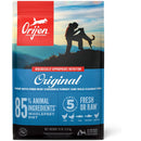 Orijen dog food package with a silhouette of a person and dog on a mountain