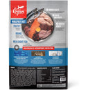 Orijen dog food package with ingredients and health benefits on a white background