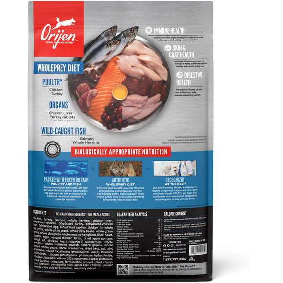 Orijen dog food package with ingredients and health benefits on a white background