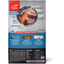 Orijen pet food package with ingredients and health benefits displayed