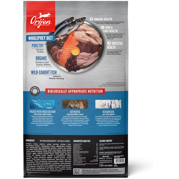 Orijen pet food package with ingredients and health benefits displayed