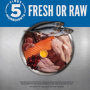 Assorted raw meats and fish on a metallic surface with 'First 5 Ingredients' branding.
