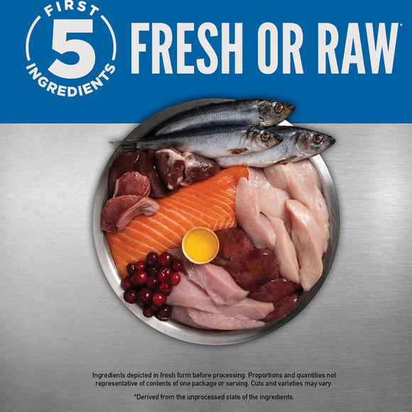 Assorted raw meats and fish on a metallic surface with 'First 5 Ingredients' branding.