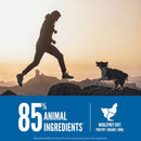 Man and dog running on rocks with a sunset background and text about animal ingredients.