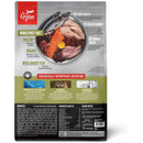 Orijen pet food package with ingredients and health benefits listed on a white background