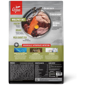 Orijen pet food package with ingredients and health benefits listed on a white background