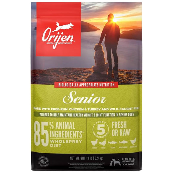 Orijen senior dog food package with a scenic background