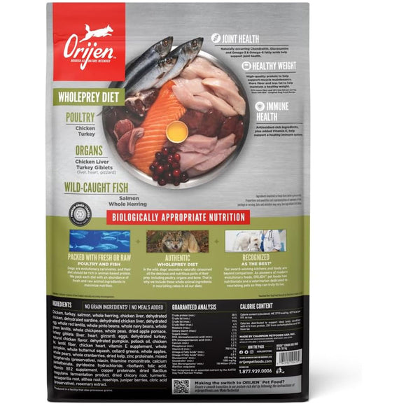 Orijen dog food package with ingredients and health benefits listed