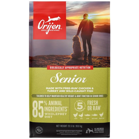 Orijen senior dog food package with a scenic background
