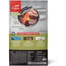 Orijen pet food package with ingredients and health benefits listed on a white background