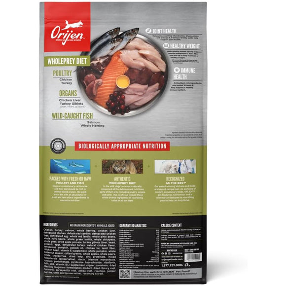 Orijen pet food package with ingredients and health benefits listed on a white background