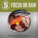 Assorted fresh or raw meats and fish on a metallic surface with a green background.