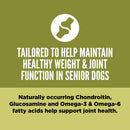 Product label for senior dog health supplement with text on a green background