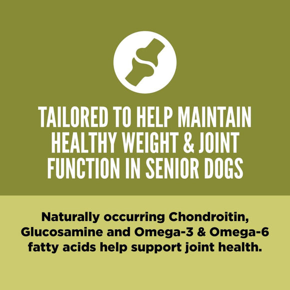 Product label for senior dog health supplement with text on a green background