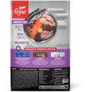 Orijen dog food package with ingredients and nutritional information on a white background
