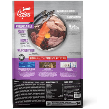 Orijen dog food package with ingredients and nutritional information on a white background