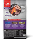 Orijen dog food package with a focus on health benefits and ingredients.