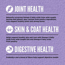 Health benefits of Omega-3 fatty acids and other ingredients on a purple background