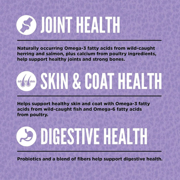 Health benefits of Omega-3 fatty acids and other ingredients on a purple background