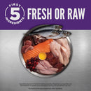 Assorted raw meats and fish on a plate with 'First 5 Ingredients' branding.