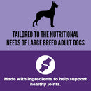Advertisement for dog food tailored to large breed adult dogs with a purple background and text.