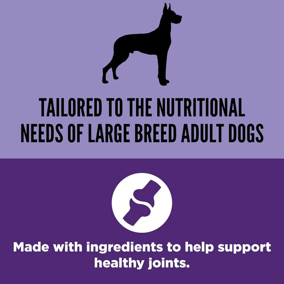 Advertisement for dog food tailored to large breed adult dogs with a purple background and text.
