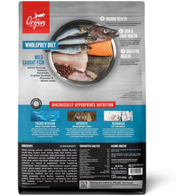 Orijen pet food package with images of fish and text on a white background