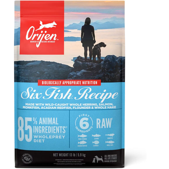 Orijen dog food package with a scenic design on the label