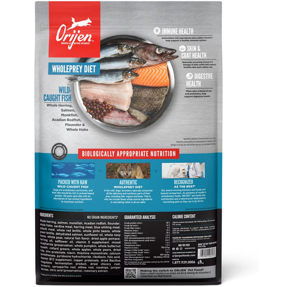 Orijen pet food package with images of fish and text on a white background