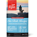 Orijen dog food package with a scenic background and silhouette of a person and dog.