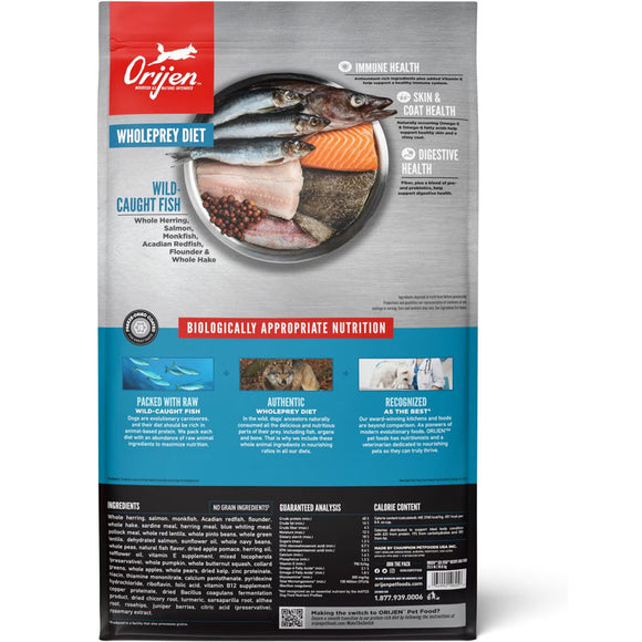 Orijen pet food package with images of fish and text on a white background