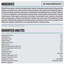 Ingredients list and guaranteed analysis chart for a pet food product.