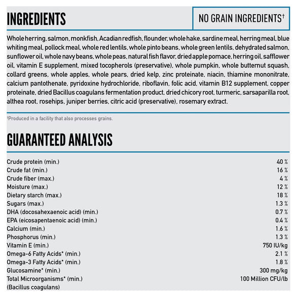 Ingredients list and guaranteed analysis chart for a pet food product.