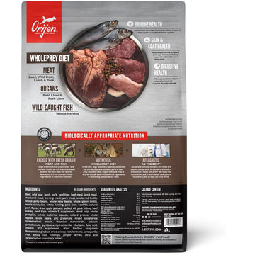 Orijen pet food package with images of meat and fish on a white background