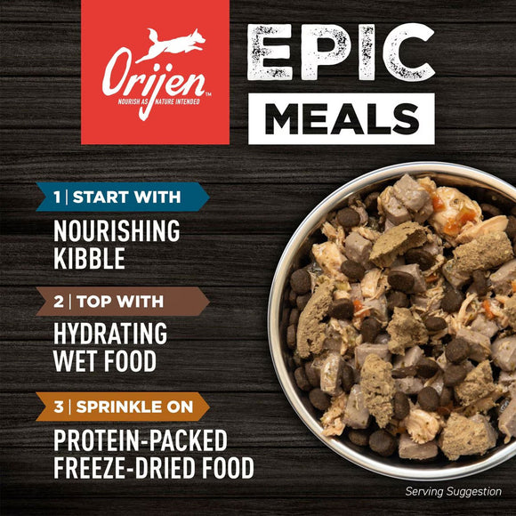 Orijen Epic Meals promotional graphic with a bowl of dog food on a dark background