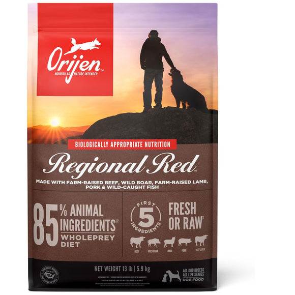 Orijen Regional Red dog food package with a sunset silhouette of a person and dog.