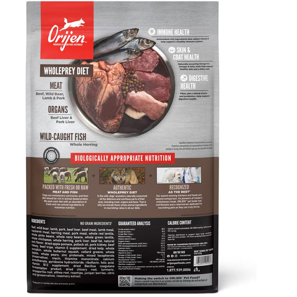 Orijen pet food package with images of meat, organs, and fish on a white background