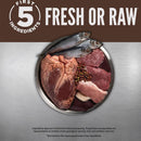 Raw meat and fish on a metallic surface with 'First 5 Ingredients' text.