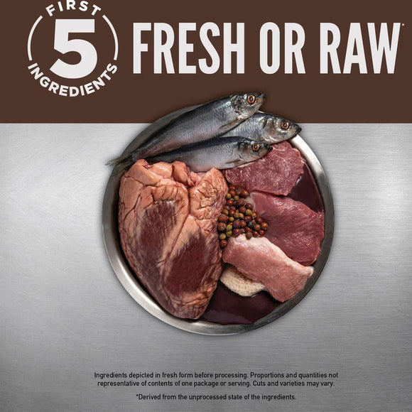 Raw meat and fish on a metallic surface with 'First 5 Ingredients' text.
