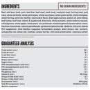 Detailed ingredient list and guaranteed analysis for a pet food product on a white background.